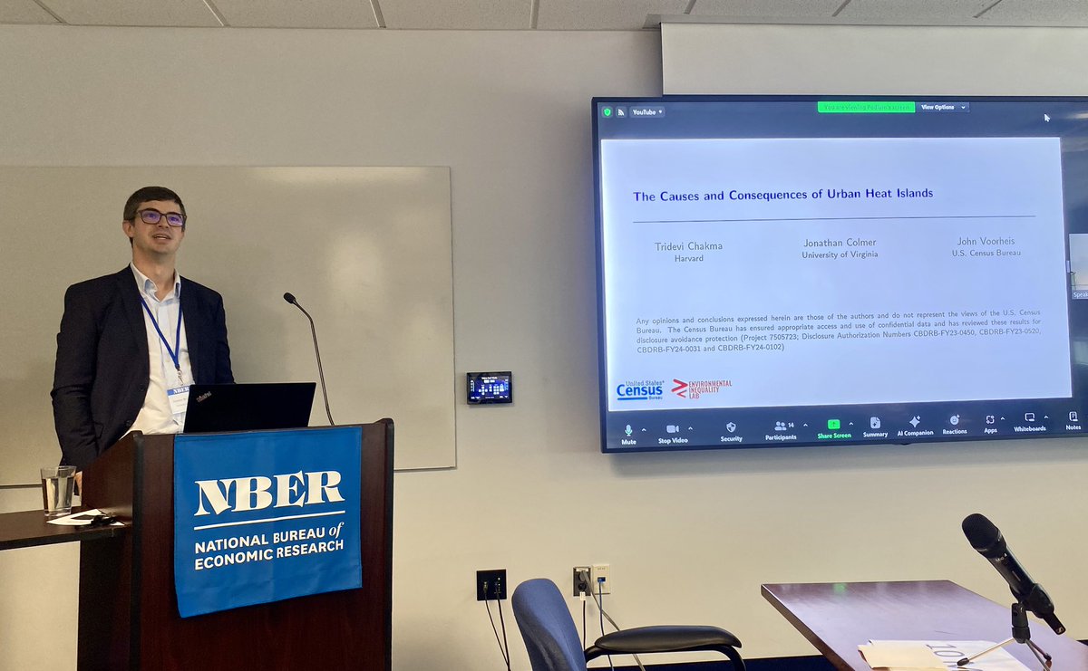 @JonathanColmer presenting work w/ @tridevichakma & @john_voorheis entitled “The Causes & Consequences of Urban Heat Islands” #NBER