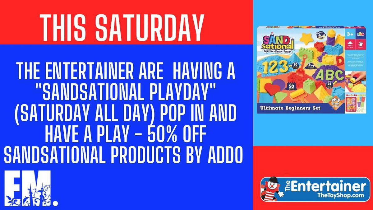 THIS SATURDAY The Entertainer in Eagles Meadow Shopping Centre are hosting a “Sandsational Playday!” 🤩

Be sure to pop in and have a play, as well as this, they are giving you 50% off sandsational products by Addo!🛍️