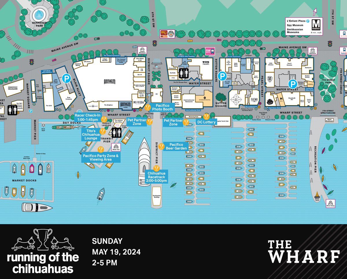 Happy race day! 🐕🏁 We can’t wait to see everyone TODAY for the 12th Annual Running of the Chihuahuas at #TheWharfDC! Check out our event map below to see the locations of today’s activities. 🐕 More Info: wharfdc.com/chihuahuas/