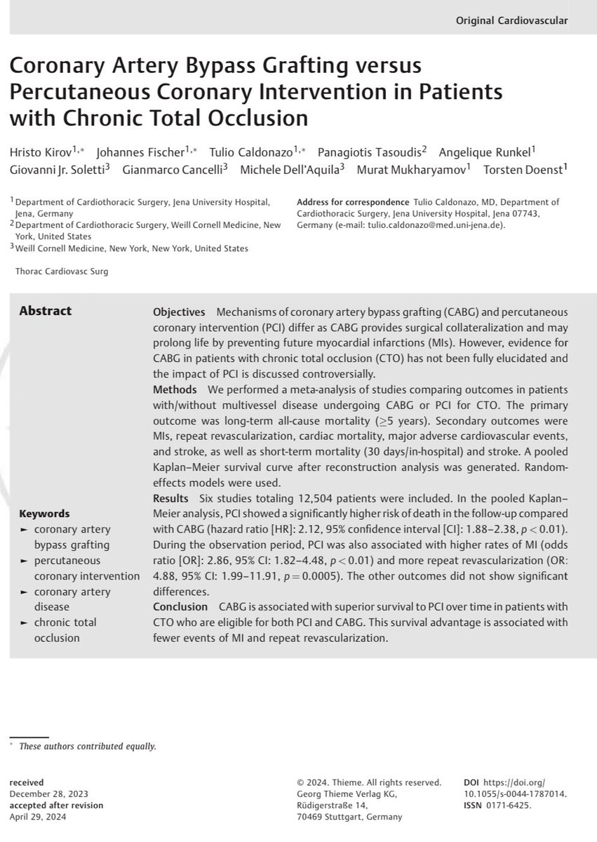 👉CABG is associated with superior long-term survival compared to PCI in patients with chronic total occlusion! 👉This survival advantage is associated with fewer events of MI and repeat revascularization. Find out more here: t.ly/ad9y6