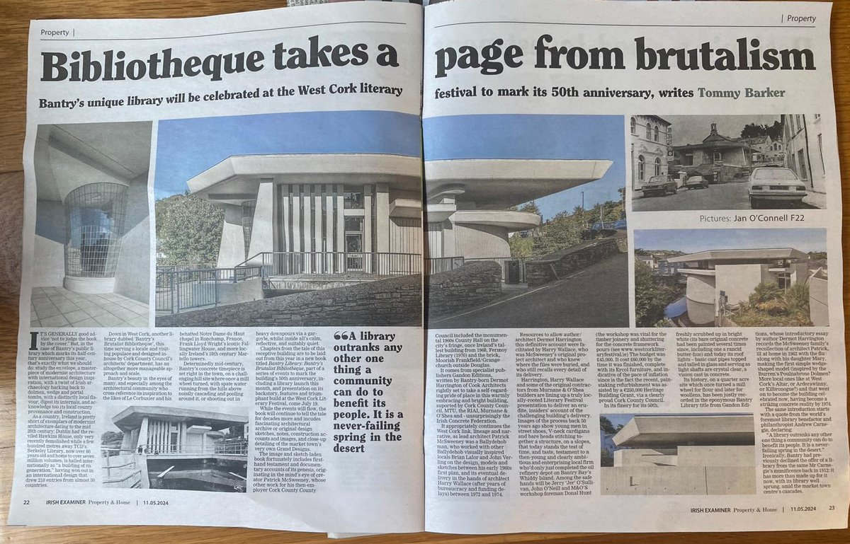 wcorklitfest's tweet image. Fabulous write-up on the 50th anniversary of #BantryLibrary in the Property section of @irishexaminer last weekend. Dermot Harrington&apos;s book Bantry Library: Bantry&apos;s Brutalist Bibliotheque is launched in the library today. Join our WCLF event on 19 July westcorkmusic.ie/events/2024/ba…