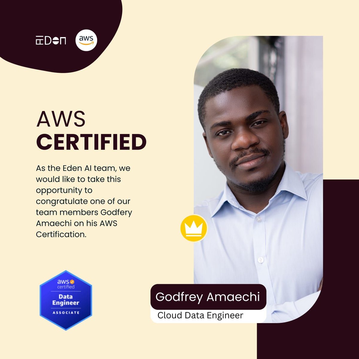 EdenAiza's tweet image. Congratulations Godfrey Amaechi on earning your AWS certificate! Your dedication and hard work have paid off, and we couldn't be prouder. This is a huge milestone and we can't wait to see all the you'll accomplish!
#AchievementUnlocked #AWSDataEngineer #EdenAI