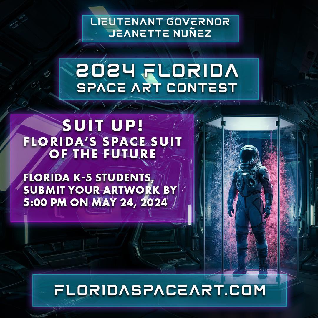 We’re one week away from the Space Art Contest deadline! I’m calling on all of Florida’s K-5 students to create an art piece that brings to life the space suit of the future. For more information about the contest visit: FloridaSpaceArt.com