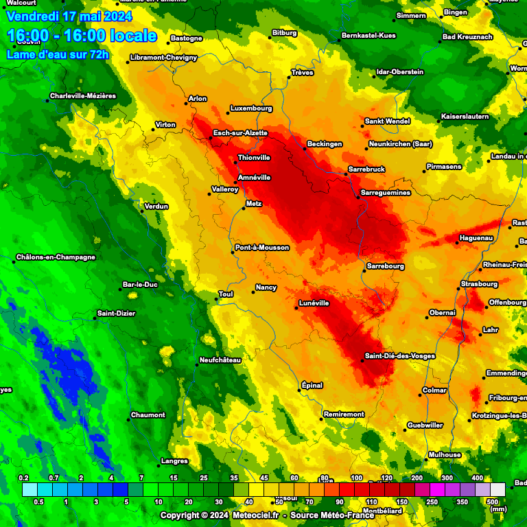 ℹ️⚠️ 1/3 Beaucoup de pluie de tombée ces dernières heures et cela tombe encore.
L'accumulation des pluies est notable avec plus de 130mm mesurés près des frontières allemandes notamment. 

#meteo #moselle #vigilancerouge