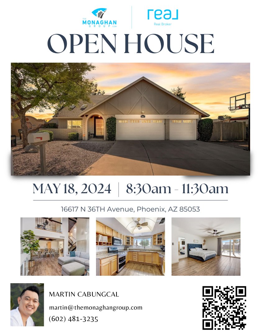 🚨JOIN US AT OUR OPEN HOUSE TOMORROW🏠❗ May 18th, 2024 | Saturday 8:30am - 11:30am FOR MORE INFO: bit.ly/16617N36thAveo… #themonaghangroup #arizonahomes #arizonarealestate #phoenixaz #RealBroker #openhousesaturday #openhouse #openhouseweekend #openhouseweekends