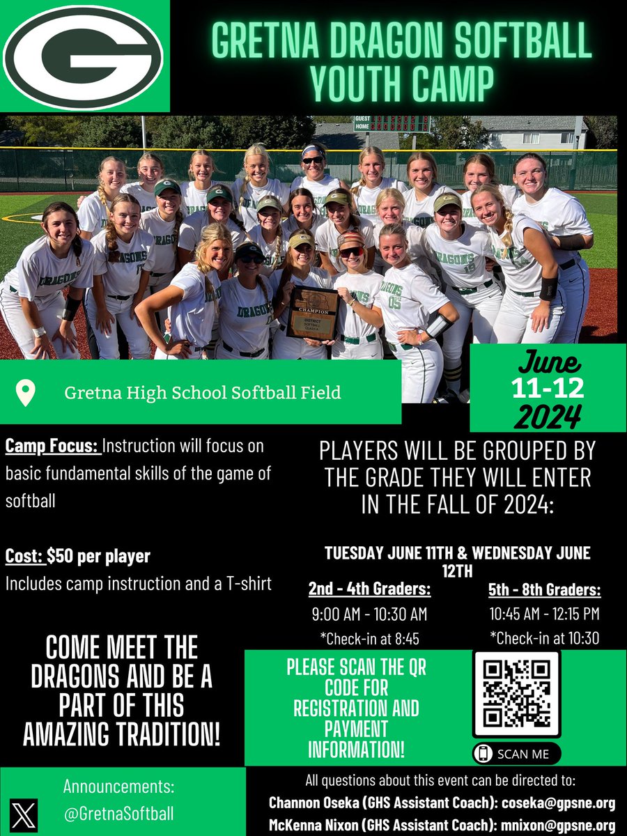 REMINDER!  

🥎 GRETNA HIGH SCHOOL YOUTH SOFTBALL CAMP 2024 🥎  

June 11th &amp; 12th!    

Registration Form: docs.google.com/forms/d/1hd45d………   

See the flyer below for more information and come hangout with the Dragons this summer!