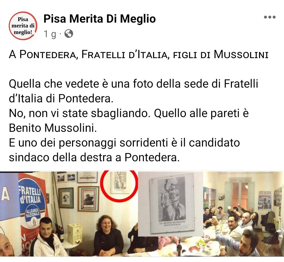 La foto di Mussolini nella sede di Fratelli d'Italia di Pontedera. Matrice?