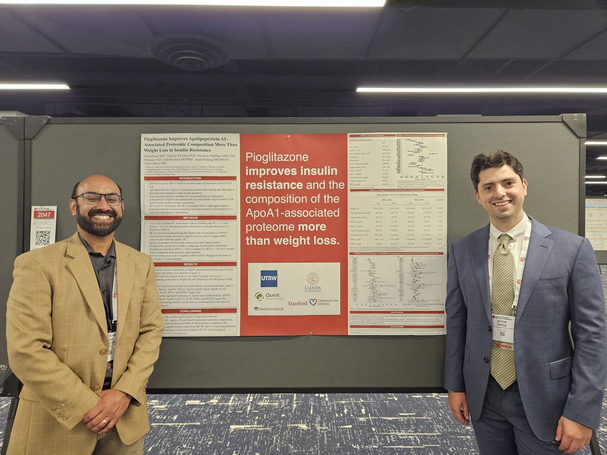 Congrats to @drshyonparsa @StanfordMedRes for his #poster on the effects of pioglitazone on #HDL proteomics presented at #VascularDiscovery24 in Chicago.