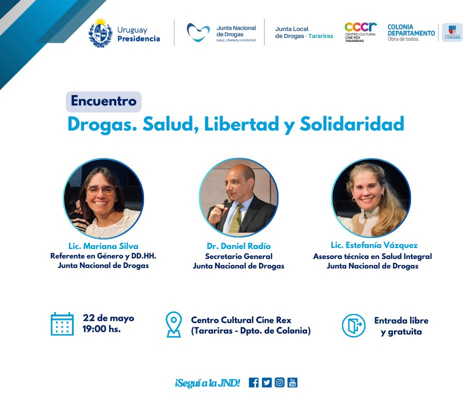 ¡Te esperamos el 🗓️miércoles 22/5 a las 19 h. en #Tarariras para el encuentro sobre prevención en drogas! 
Expondrán: Dr. <a href="/DanielRadioP/">Daniel Radío</a>, Sec. Gral de la #JND,
Lic. Mariana Silva, Ref. en Género y DD.HH. 
Lic. Estefanía Vázquez, Asesora técnica en Salud Integral.
#AgendáLaFecha