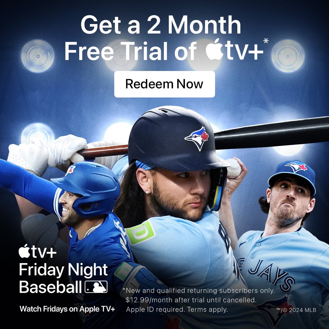 REMINDER: Your #BlueJays face the Rays on #FridayNightBaseball tonight exclusively on Apple TV+ Watch with a 2-month free trial at apple.co/mlbgift