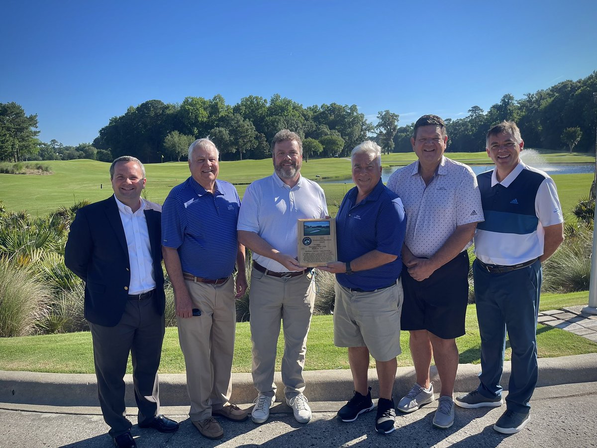 3/3: I was pleased to present Hampton Hall with their @ASGCA “Environmental Excellence Award” as a result of our project! L to R: Eric Bischofberger, GM; Dick Downen, Current Pres; yours truly, me; Matt Sapochak, Super; Frank Zagar, Restoration Chair/Past Pres; Brent Carlson, Pro