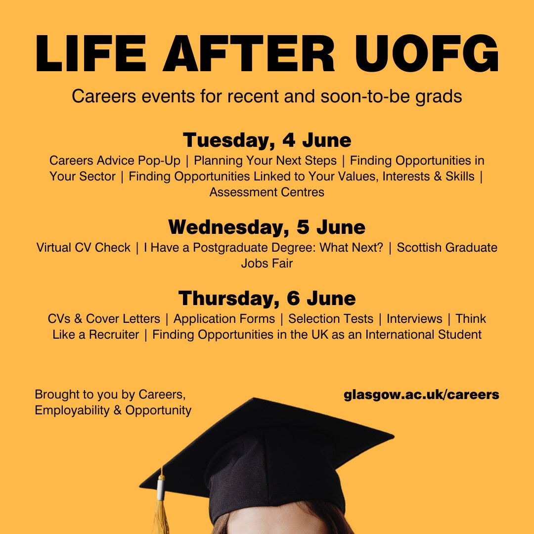 🎓 Hey, Class of 2024! Graduation is an exciting milestone, but you might also be wondering, 'What now?' Join Life After UofG, online and on-campus careers events for grads! Tue, 4 to Thu, 6 Jun 📅 On campus and online 📍 👉 Learn more and sign up at glasgow.ac.uk/careers!