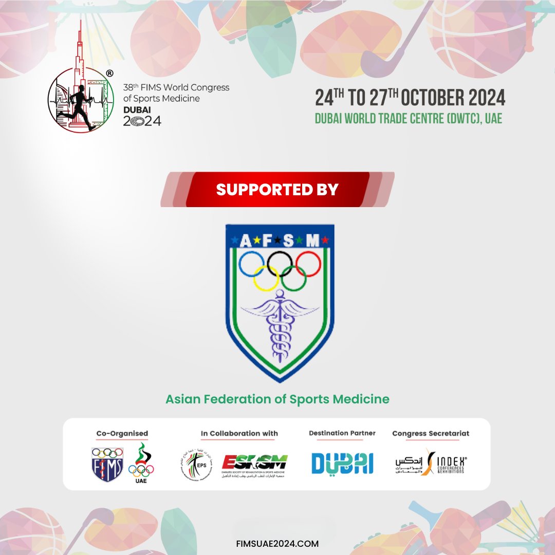 We’re ecstatic to welcome the Asian Federation of Sports Medicine (AFSM), as one of our supporting entity for the much-anticipated #FIMSDubai2024 happening on October 24-27, 2024 at the Dubai World Trade Centre (DWTC), UAE!  

Registration is ongoing! fimsuae2024.com