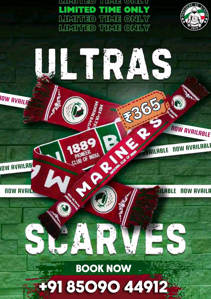 The wait is over 😍 Mariners Dé Xtreme - woolen Scarf is now available 🙌 Price: 365 😍 No Home delivery services 🚫 For further details and Prebook your scarf : 85090 44912 (WhatsApp only) 💥 #UltrasMohunBagan #GreenMaroonloyalUltras #JoyMohunBagan #MBAC1889 #mariners