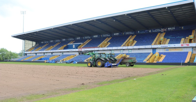 🚜 Pitch renovation work is underway at One Call Stadium. #Stags 🟡🔵
