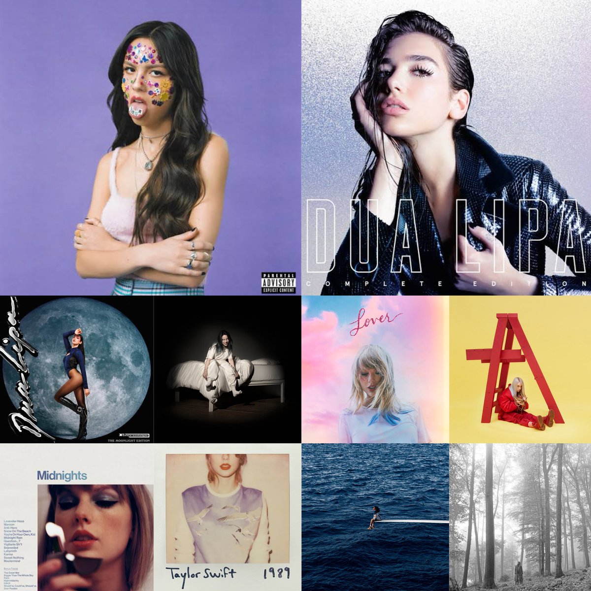 Most streamed female albums on Spotify:

#1 SOUR 12.28B
#2 DUA LIPA 12.28B
#3 Future Nostalgia  12.23B
#4 WWAFA, WDWG? 10.9B
#5 Lover 10.2B
#6 don’t smile at me 9.3B
#7 Midnights 8.9B
#8 1989 8.1B
#9 SOS 7.9B
#10 folklore 7.9B

OUT: reputation 7.9B