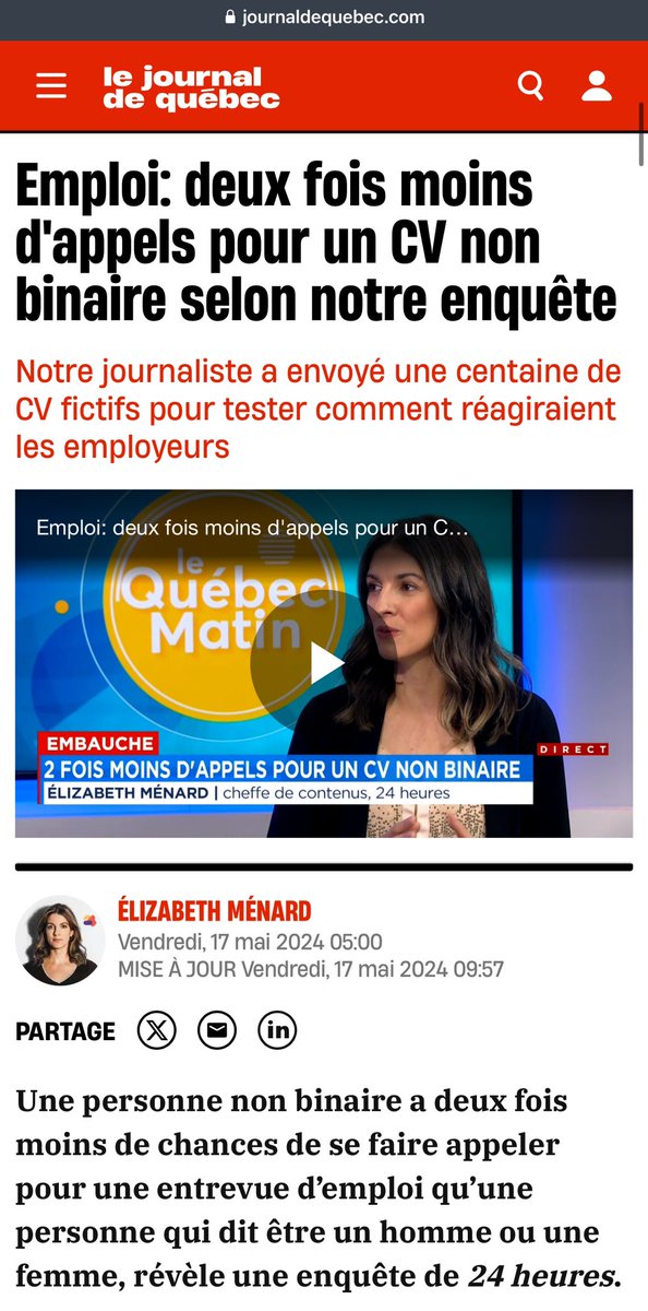 « 'Je suis une personne non binaire et je cherche un employeur qui sera respectueux de mon identité de genre', pouvait-on lire dans l’en-tête du document. »

En quoi cela concerne-t-il l’employeur ? Depuis quand écrivons-nous sur notre curriculum vitae le genre auquel nous