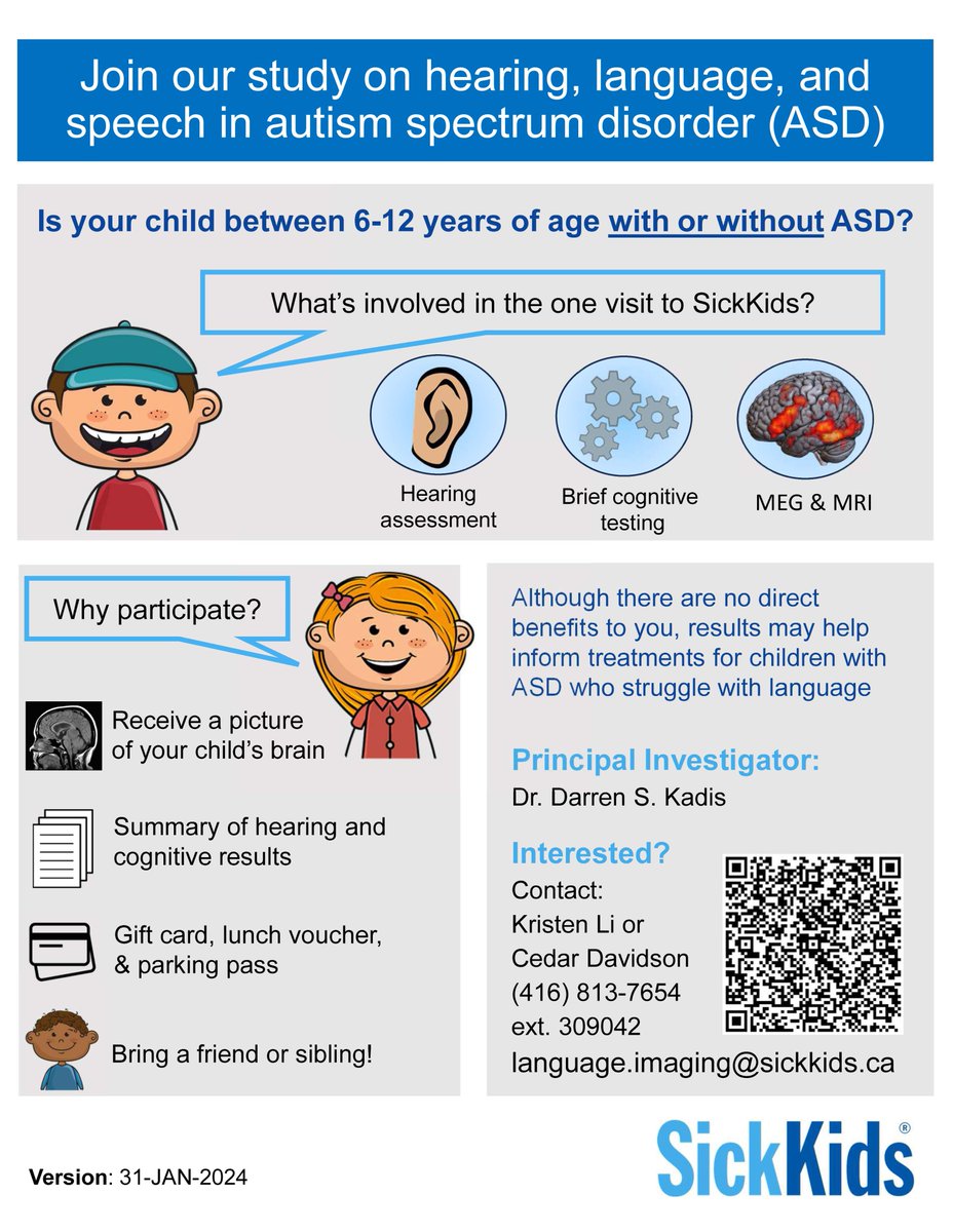 Is your child between 6-10 years of age with or without a diagnosis of #autism spectrum disorder (ASD)? Join an #SKResearch study on brain structure and function in children with #ASD. Interested? Contact: language.imaging@sickkids.ca