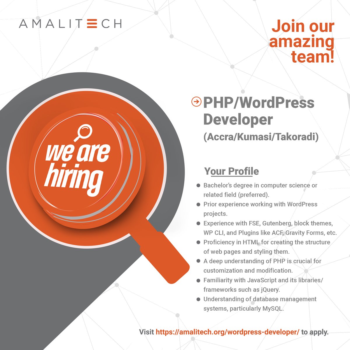 We're hiring in Kumasi, Ghana for a Professional Skills Instructor role. If you can relocate or already reside in Kumasi, apply here: amalitech.org/prof-skills-in…. 

Also, we're seeking PHP/WordPress Developers in Takoradi, Accra, and Kumasi. Be part of our dynamic team at