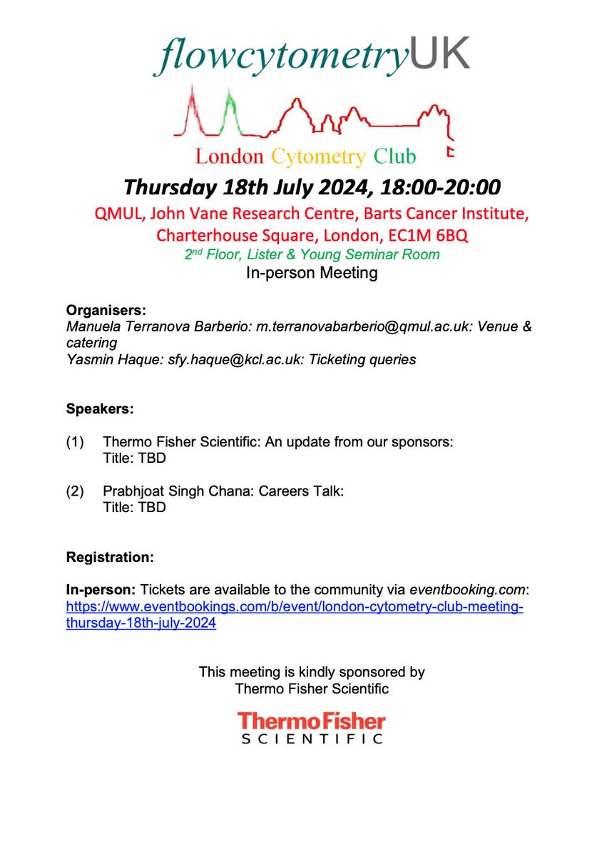 Put it in your diary, the next London Cytometry Club meeting is on Thursday 18th July 2024, 6-8pm at QMUL. Pre-book your tickets now!  Our summer BBQ will be weather permitting.
eventbookings.com/b/event/london…