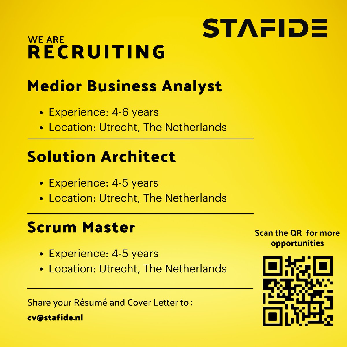 Transform your potential into excellence with STAFIDE, where we are shaping the future of technology. 

Discover our latest #career opportunities.

#netherlandsjob #AmsterdamJobs #nljobs #recruitment #career #CareerOpportunity #TechCareer #BuildTheFuture