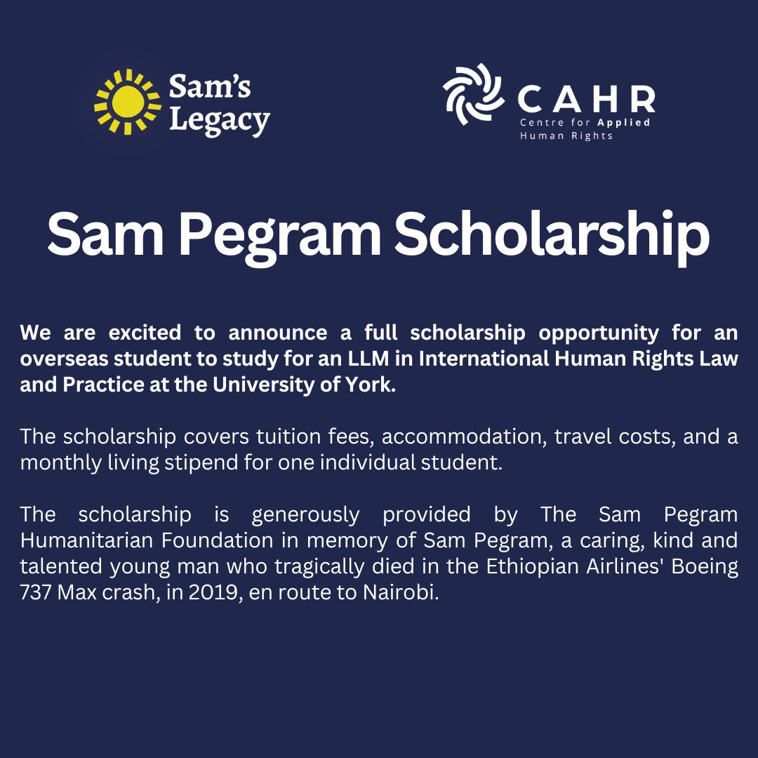 The Sam Pegram Scholarship provides one international student with funding to pursue an LLM in International Human Rights Law and Practice This year's deadline is Monday 10th June, 23:59 BST Find out more and apply online: york.ac.uk/law/study/fund…