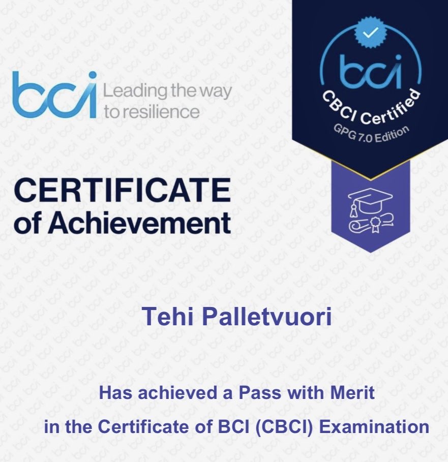 I received today my CBCI business continuity certificate. Cool, now I can move on to the weekend! 🥳 #BusinessContinuity #Resilience #CBCI