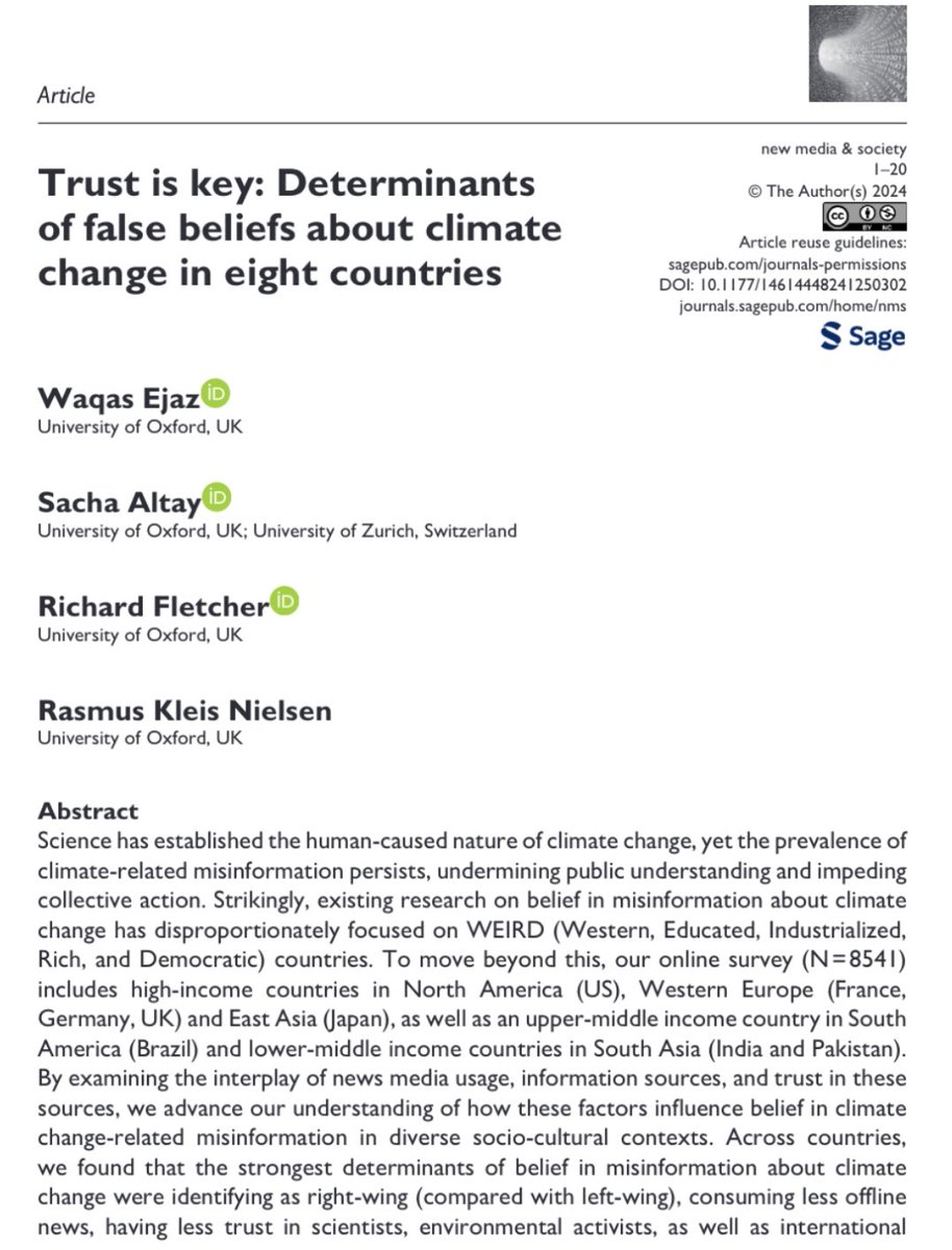 ✨New Publication 📣 Moving beyond just the Global North, we analysed false beliefs related to climate change in 🇺🇸🇬🇧🇵🇰🇯🇵🇮🇳🇩🇪🇫🇷🇧🇷 We found that trust in different information sources matters more than reported (online/offline) news consumption. 🔓doi.org/10.1177/146144…