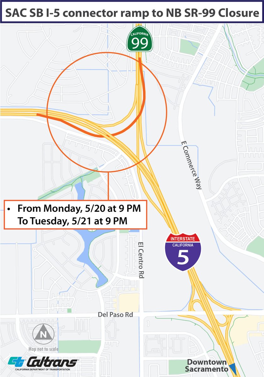 #TrafficAlert for more information on the #Sacramento I-5 Ramp Overnight Closures scheduled for Sunday 5/19 and Monday 5/20 in North Sacramento go to bit.ly/3K4QoQT