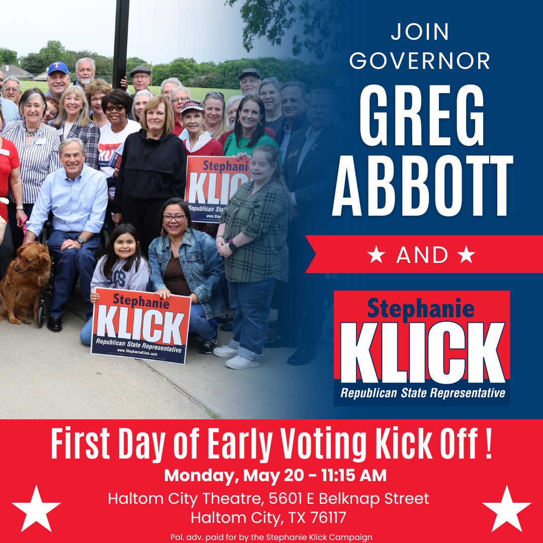 Stephanie Klick (@stephanieklick) on Twitter photo Governor <a href="/GregAbbott_TX/">Greg Abbott</a> will be back in HD 91 to kick off the first day of early voting on Monday, May 20th! I’m honored to have his strong endorsement for re-election. Please RSVP here: bit.ly/3UOBHGC. I look forward to seeing you there! #txlege Governor <a href="/GregAbbott_TX/">Greg Abbott</a> will be back in HD 91 to kick off the first day of early voting on Monday, May 20th! I’m honored to have his strong endorsement for re-election. Please RSVP here: bit.ly/3UOBHGC. I look forward to seeing you there! #txlege