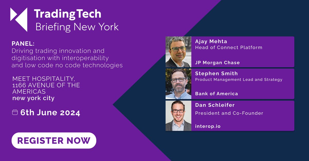 Join us at TradingTech Briefing New York on June 6th to hear this panel discussion on driving trading innovation and digitisation with interoperability and low code no code technologies; with speakers from @jpmorgan @bankofamerica @interopio a-teaminsight.com/events/trading… #TTSNYC