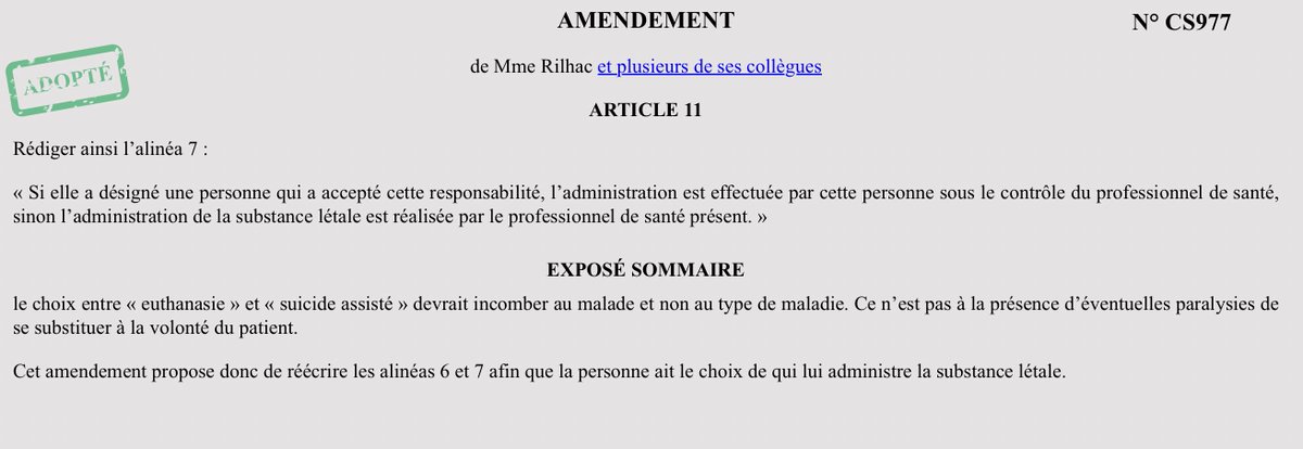 C'était suicide assisté avec exception d'euthanasie. C'est désormais suicide assisté ou euthanasie, donc euthanasie. Après la suppression du pronostic vital, ce texte va désormais bien au-delà de la proposition du #CCNE #FindeVie #DirectAN