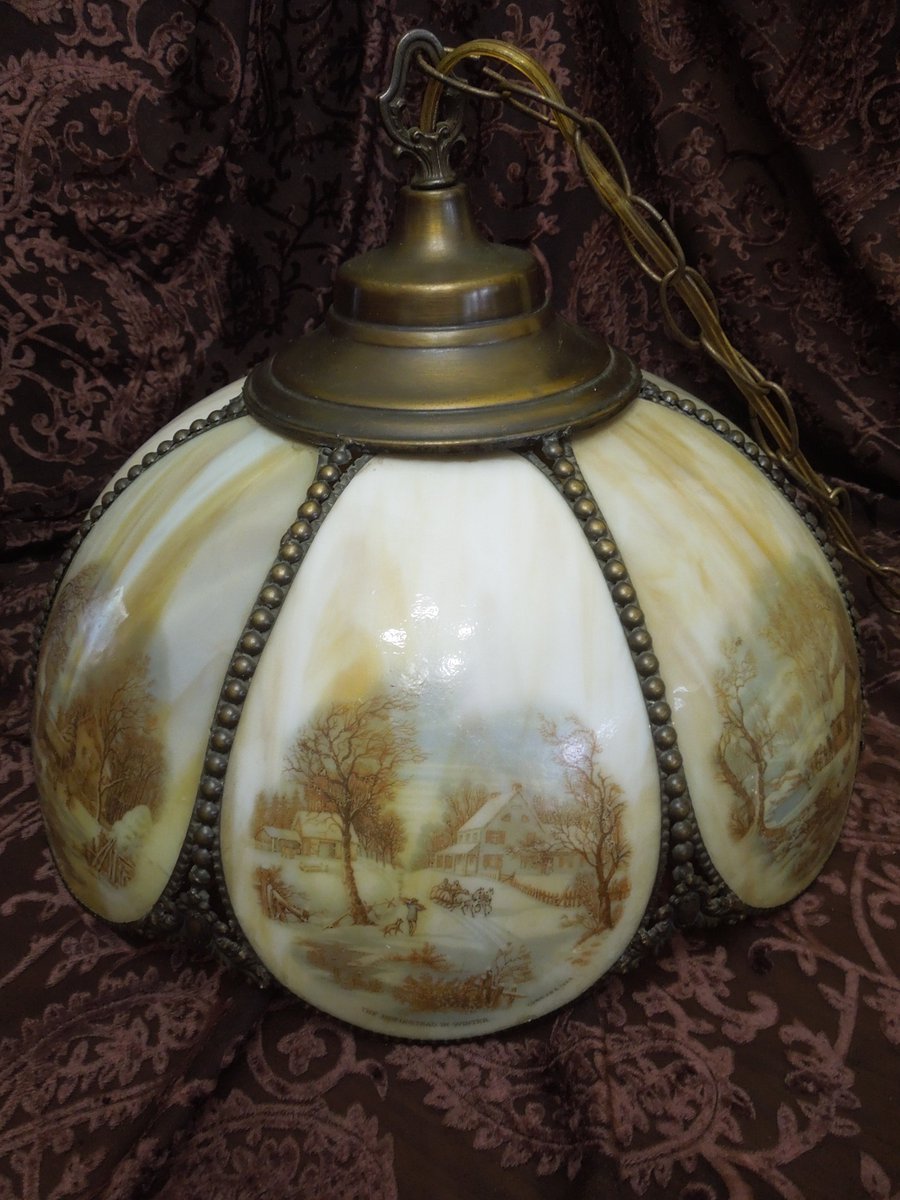 Rare Vintage Currier & Ives Swag Ceiling Lamp, Lithograph Wint by IrisJewelryCreations etsy.me/48IVU5P via @Etsy