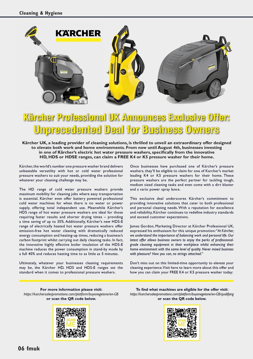 Latest Issue 📰: Businesses #investing in one of @karcheruk's innovative HD, HDS or HDSE range of electric #HotWater #PressureWashers, can claim a #FREE K4 or K5 pressure washer for their home. ➡️fmuk-online.co.uk/features/5519-… #facman #FacilitiesManagement #cleaning #hygiene