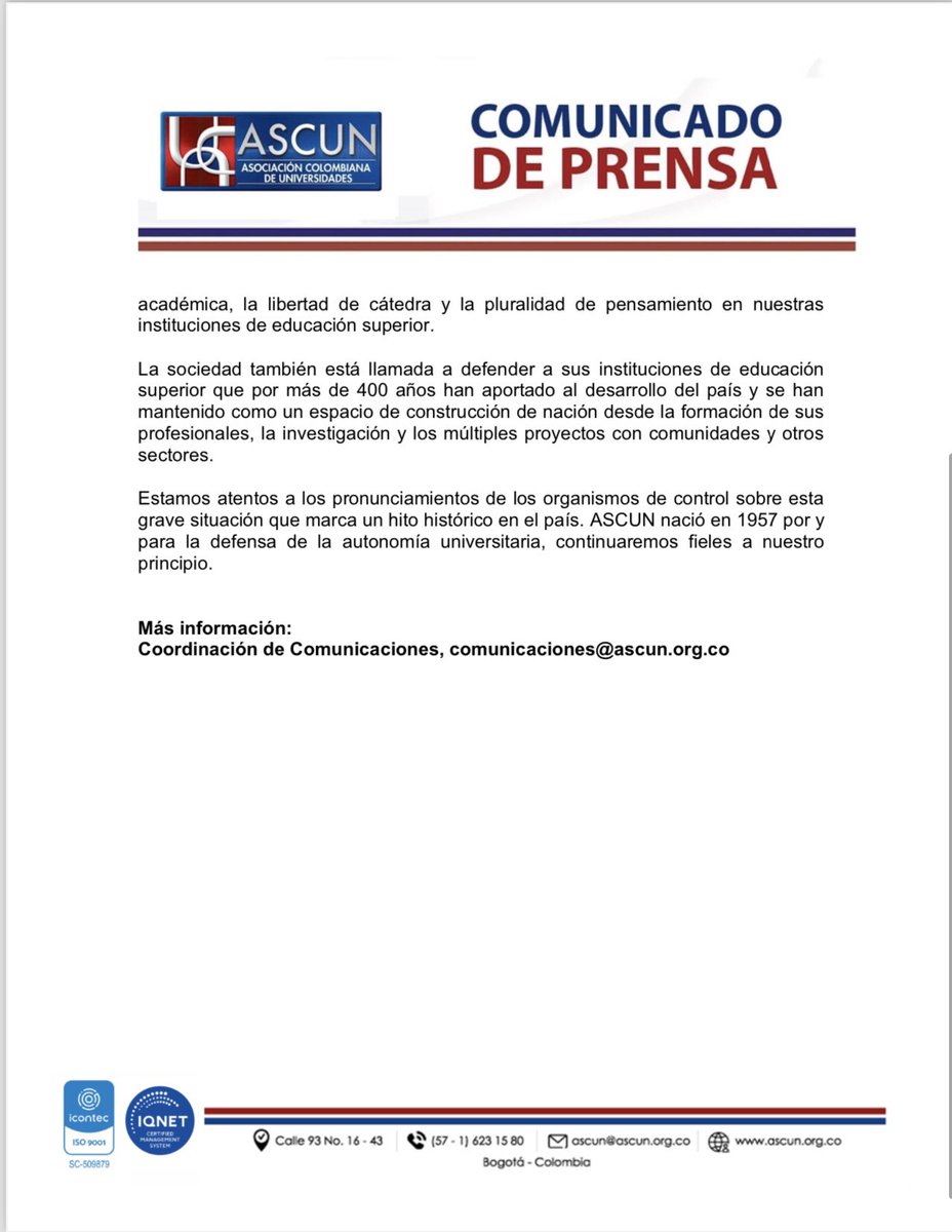 Comparto este mensaje del conjunto de universidades del país generado por <a href="/ascunoficial/">ASCUN</a> que expresa nuestras preocupaciones por lo que está ocurriendo con el gobierno de la <a href="/UNALOficial/">Universidad Nacional de Colombia</a> y el riesgo a la vulneración de la autonomía universitaria. #MisióndelaUniversidad