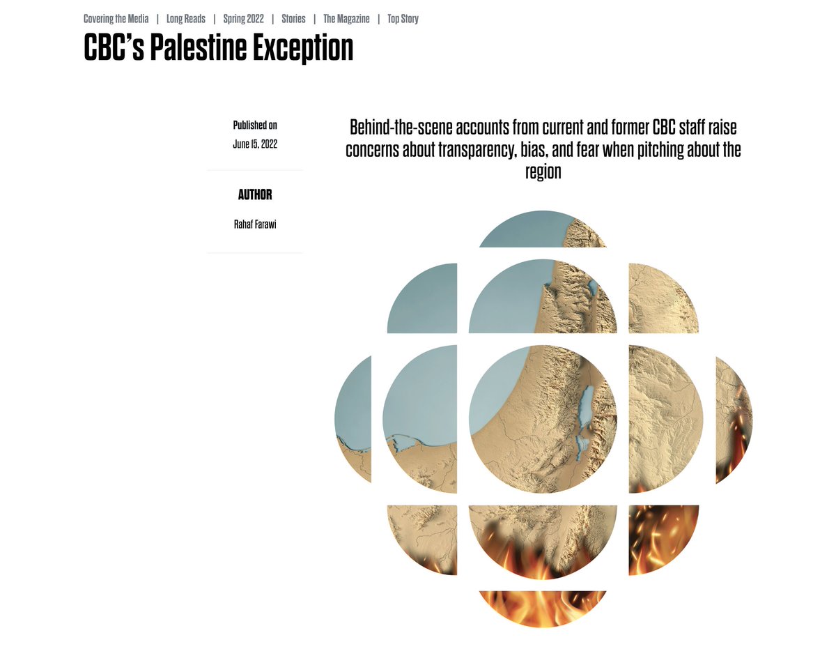 Chris E. (@chrysographer) on Twitter photo This is a thorough and damning piece and it's good to see it making the rounds. I also want to point out that none of this scrutiny is new. Two years ago <a href="/rfrwi/">Rahaf Farawi</a> published this piece (online and in print) for <a href="/ReviewofJourn/">Review of Journalism</a>
reviewofjournalism.ca/cbcs-palestine… This is a thorough and damning piece and it's good to see it making the rounds. I also want to point out that none of this scrutiny is new. Two years ago <a href="/rfrwi/">Rahaf Farawi</a> published this piece (online and in print) for <a href="/ReviewofJourn/">Review of Journalism</a>
reviewofjournalism.ca/cbcs-palestine…