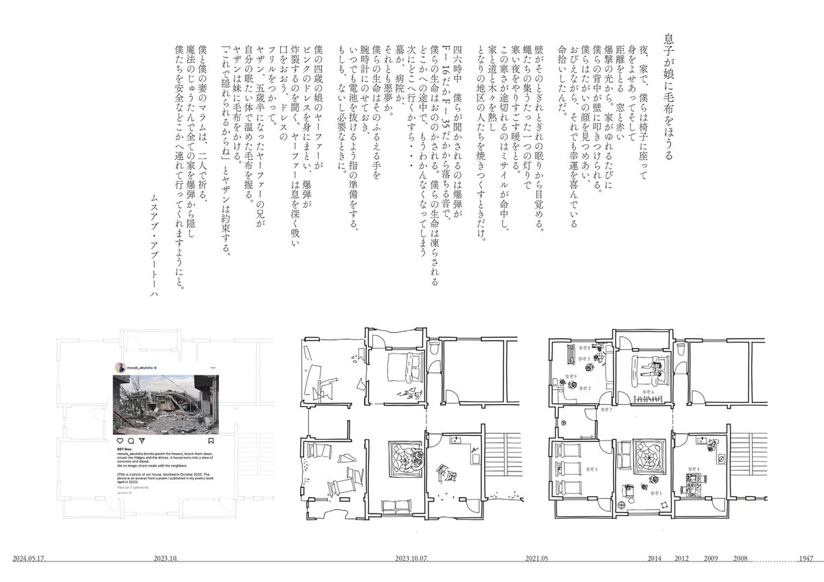 k_architecturee's tweet image. 自主ゼミにて

パレスチナ詩アンソロジーを参考図書とし、ガザで起こっている事を人間の物語として伝えること、そして破壊されてしまった家、文化、生活を資料として残す事を建築的に行った。

今後もこの虐殺・民族浄化に建築から対抗していきたい。

#FreePalestine #ArchitectsAgainstGenocide