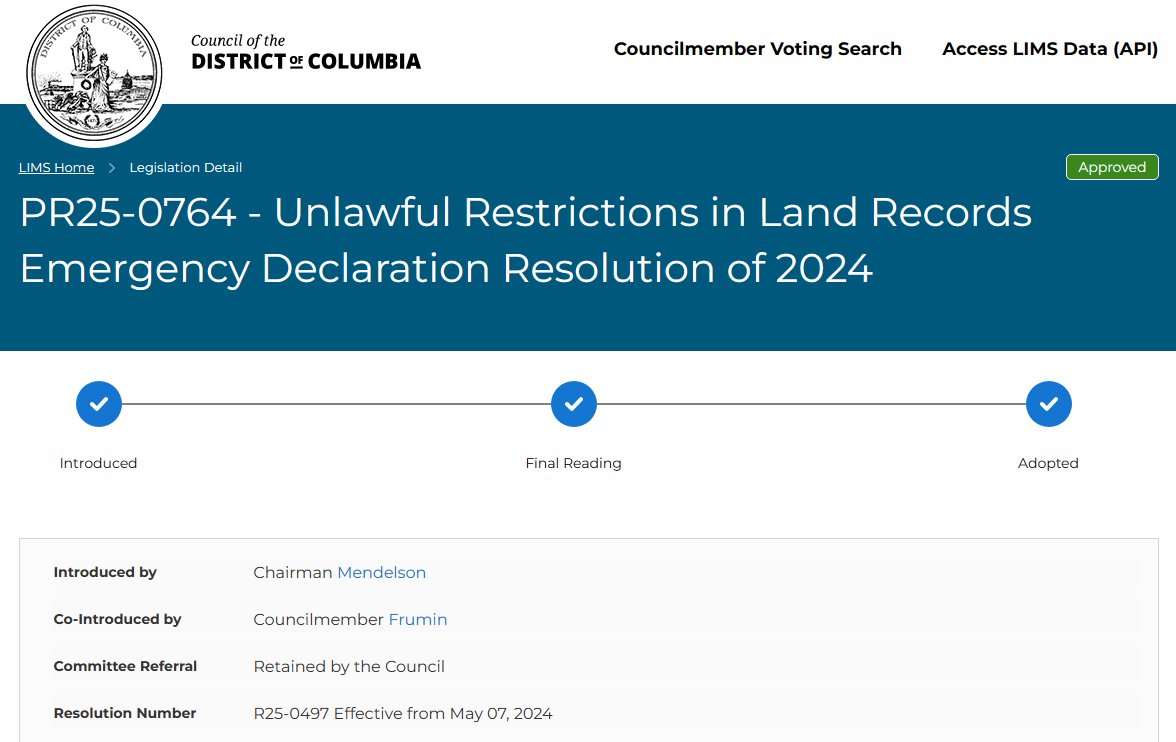 from the Friday, 05-17-2024, @DCRegs:  dcregs.dc.gov/Common/DCR/Iss…

@councilofdc resolution '...to allow homeowners to remove unlawful restrictive covenants from the deeds to their homes...'

link: lims.dccouncil.gov/Legislation/PR… 

#PrologueDC
#BloomingdaleDC 
@ChmnMendelson 
@CMFrumin