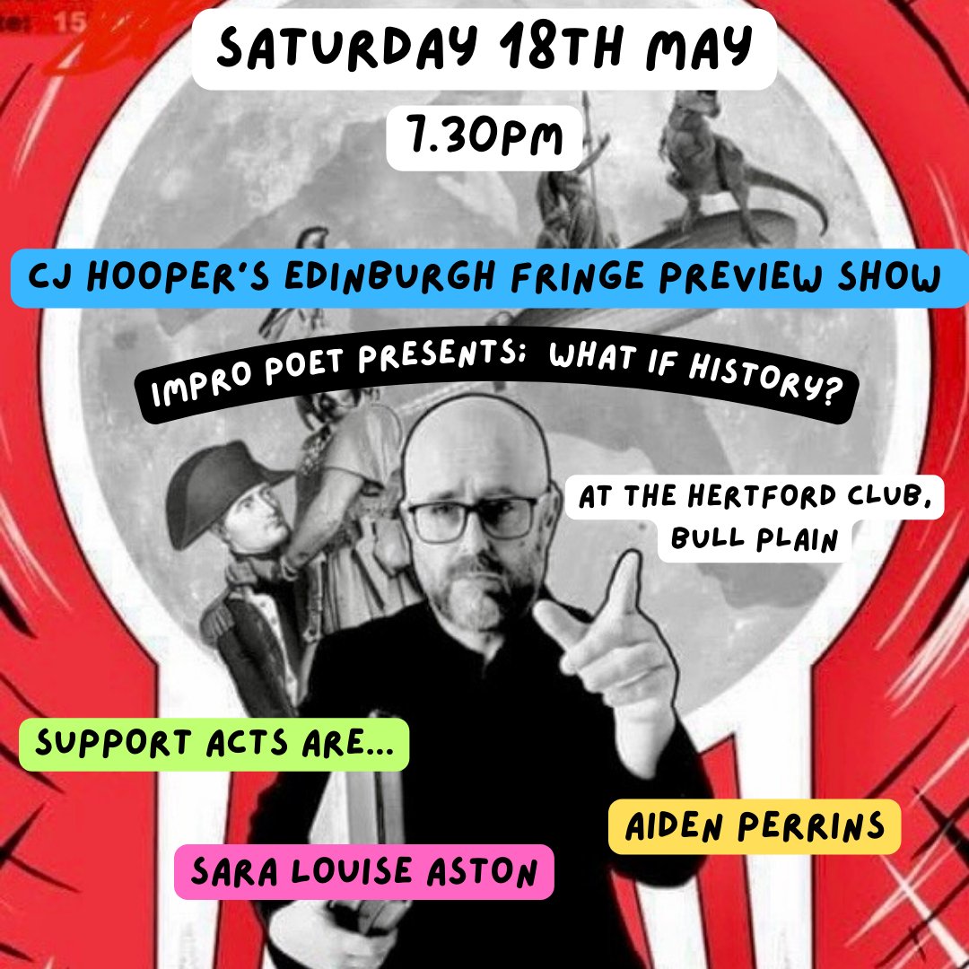 It's #tomorrow...My friend @CJHooperman is performing his excellent #edinburghfringe PREVIEW 2mo @HertfordclubUK & URS truly is supporting him with my own comedy...Come see us guys
#standupcomedy #history #poetry #stories #storytelling #standup #saturdaynight #supportlocalcomedy