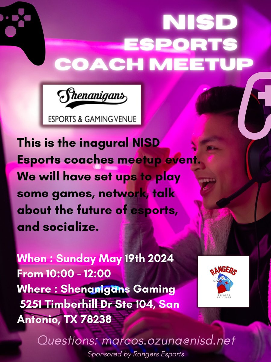 Reminder: The NISD Esports Coaches Meetup is this Sunday at @ShenanGaming between 10 & 12 am. Feel free to bring family and friends. We will be joined by @ggs_SanAntonio and @TXGamingEmpire! We can't wait to see you there. Game on! #RangersLead