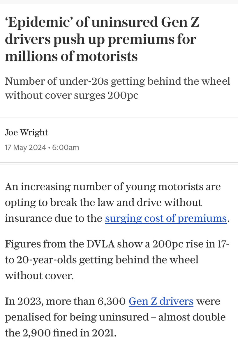 Nearly every car insurance company is now owned by one of half a dozen price gouging greedy bastard private equities. Young people in particular are being absolutely fleeced by car insurance greedflation. Generation Z who can't afford it are just going ahead & driving anyway.