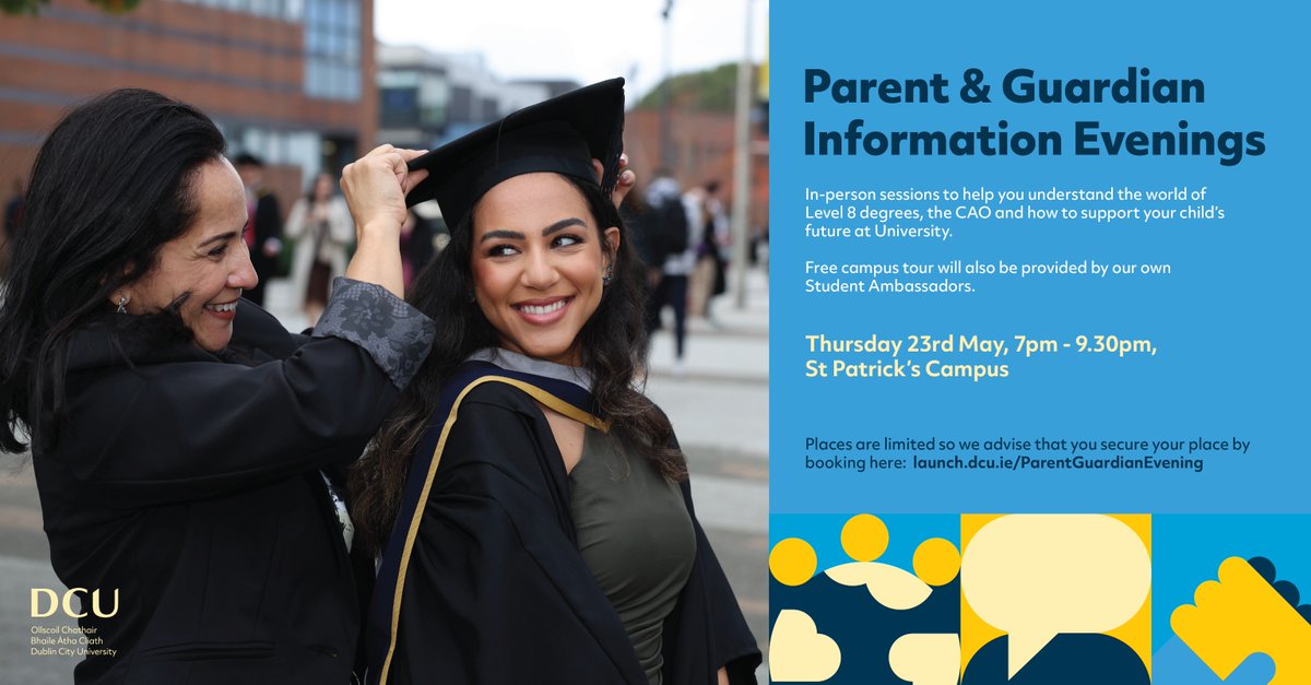 As we end the week, we get ready for our final Parent's Information Evening next Thursday, May 23rd, on our St Patrick's Campus 🤩 To learn more about the CAO and how DCU supports your student, register here: launch.dcu.ie/ParentGuardian… #WeAreDCU #CAO2024