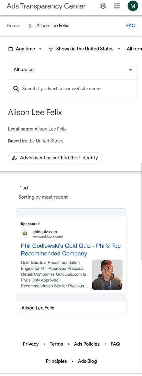 #alisonLeeFelix the wife of #kellyfelix ONLY has 1 ad campaign on Google AdWords: goldquiz com

Kelly 'owns' goldquiz and is partners with #philgodlewski

Together they scam millions into #goldco with an affiliate funnel