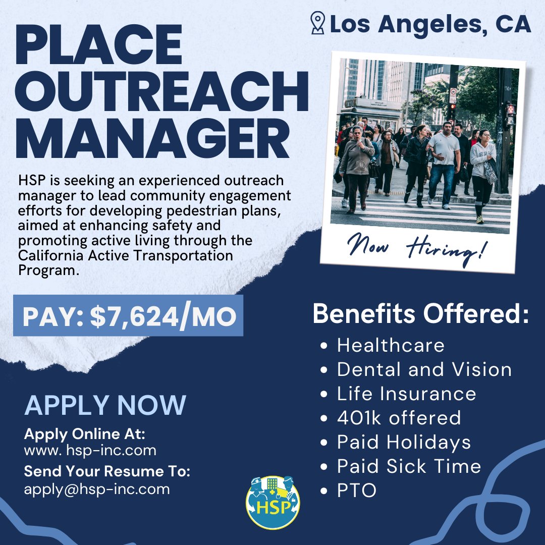 HSP is looking for an Outreach Manager to work for our clients based in Los Angeles, CA. With a salary of $7,624/month, you'll play a crucial role in shaping safer, more active communities Give us a call or apply today by sending your resume to apply@hsp-inc.com.
