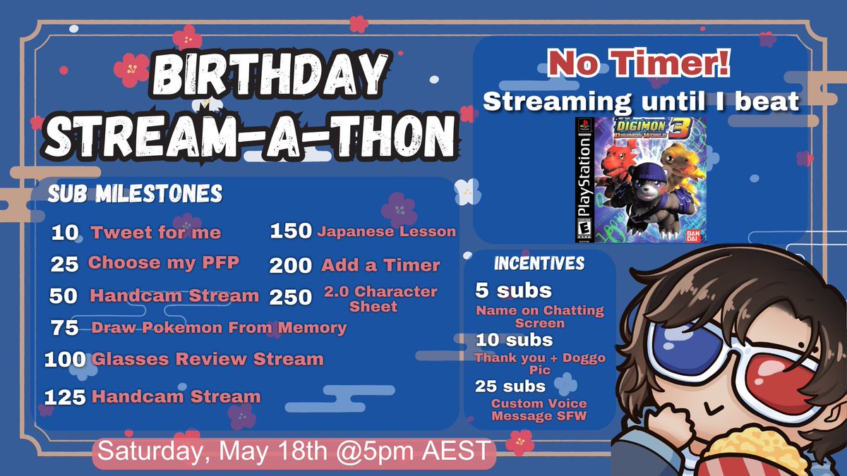 Thank you again for all the birthday wishes! I'm doing a stream-a-thon to  celebrate this weekend! How many hours will it take to complete Digimon  World 3? PS1 memory card problems can't