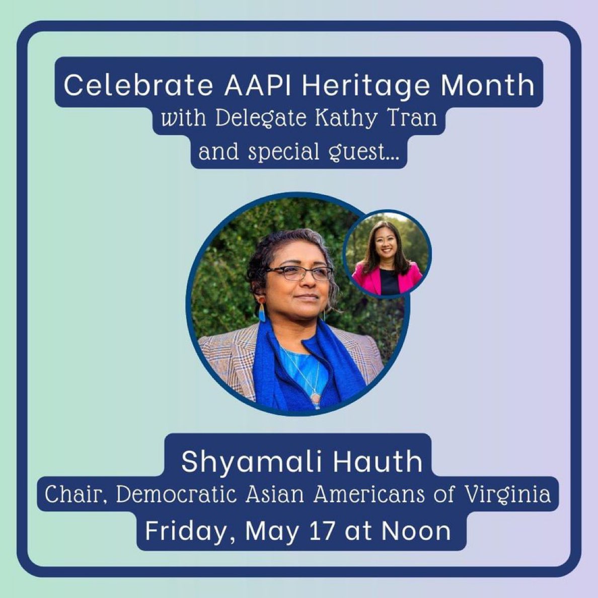 Celebrate AAPI Heritage Month with me and @daav9 Chair, @ShyamaliHauth today, 5/17 at Noon on Instagram Live — See you soon!