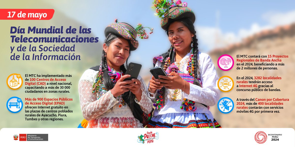 ¡Día Mundial de las Telecomunicaciones y de la Sociedad de la Información!

En el Ministerio de Transportes y Comunicaciones celebramos el poder de la comunicación para unir a las personas, impulsar el progreso y transformar vidas. Promovemos servicios de telecomunicaciones en