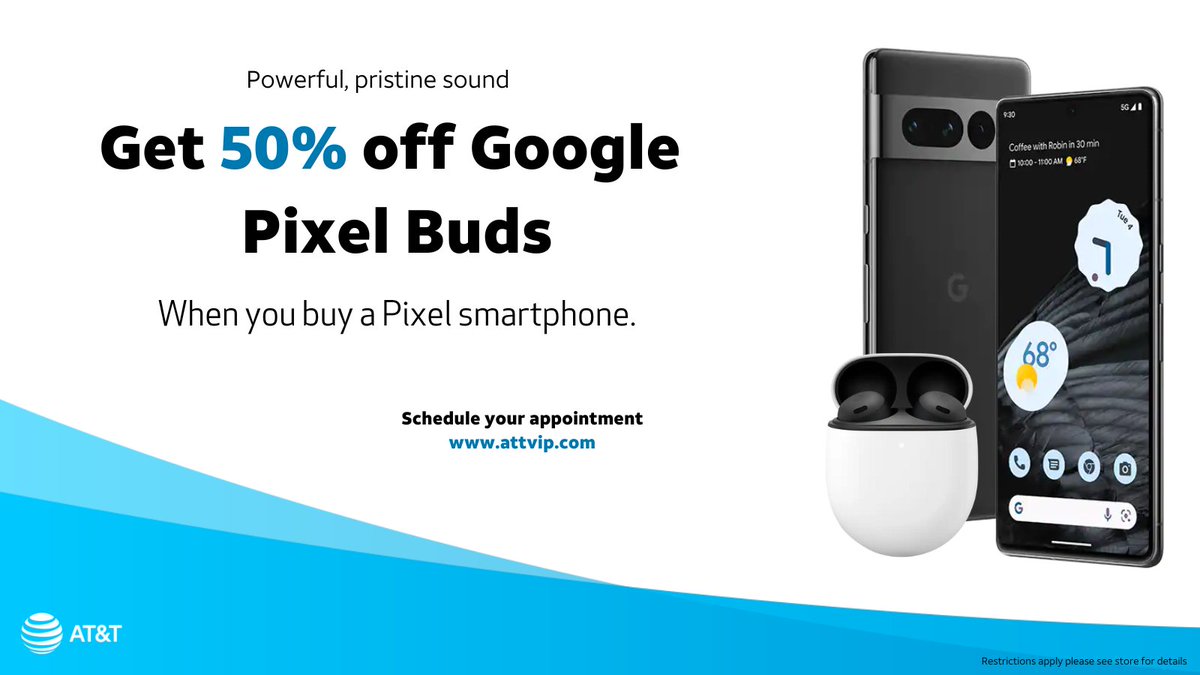 Powerful, pristine sound
Get 50% off Google Pixel Buds when you buy a Pixel smartphone. Book an appointment at attvip.com or visit nearest ATT store to learn more!!!
#att #attvip #deals #Google #googlepixelbuds #pixelbuds