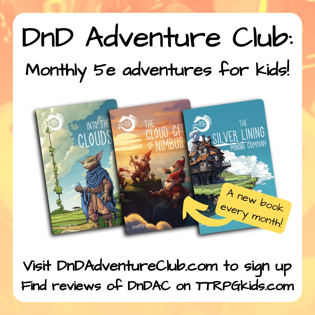 DnD Adventure Club has monthly TTRPG adventures for all-ages that are delivered right to you home!  

These games are aimed at being accessible to young and new TTRPG/D&D players, and I've tried out several - every single one has been awesome.  

Info below!

#TTRPGkids #DnDkids