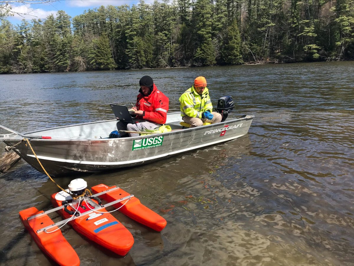 Happy #FieldPhotoFriday! Surveyors use an Acoustic Doppler Current Profiler (ADCP) mounted on a boat to measure the depth of the Connecticut river near Hanover, New Hampshire.